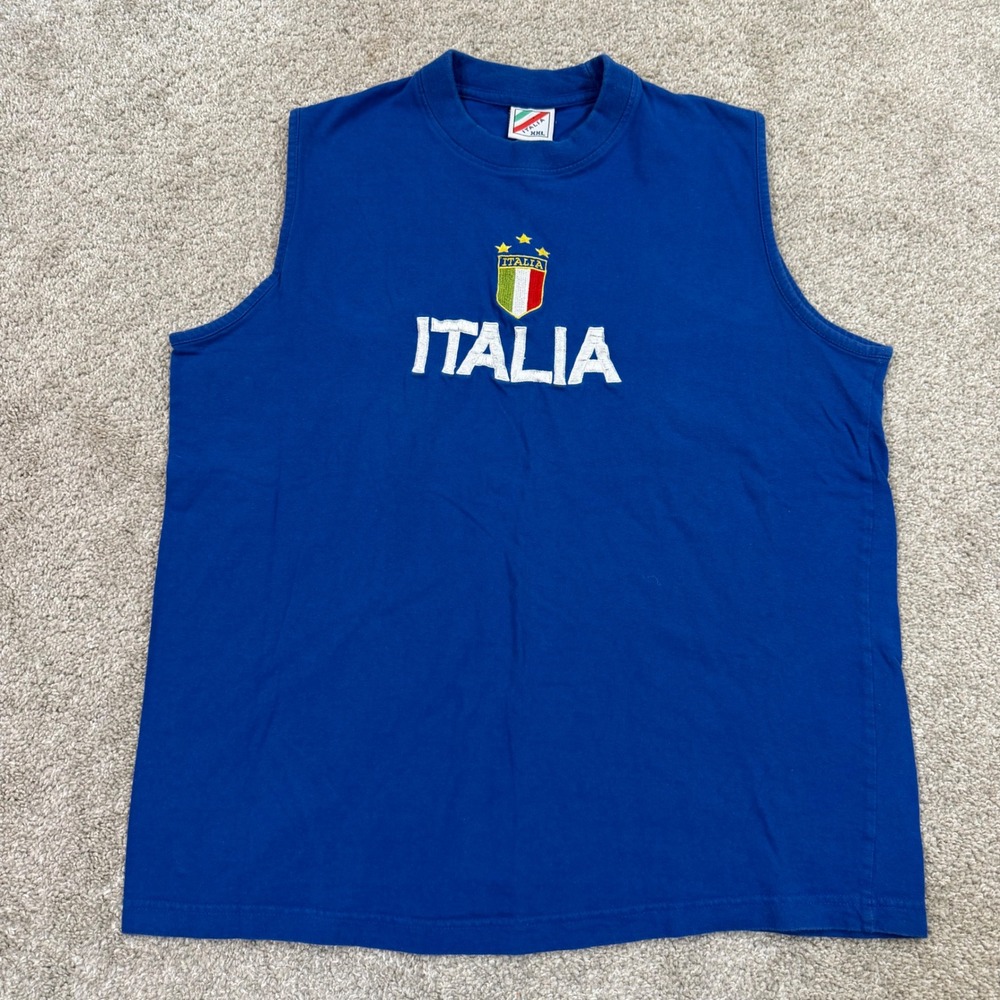 Italia Muscle Tee Mens XXL Blue Embroidered Crest Sleeveless Soccer Italy Shirt